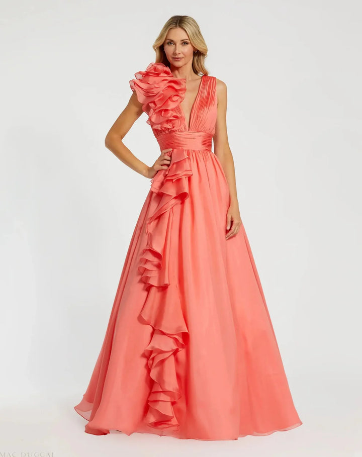 Mac Duggal 9948856P Petite Pink Ruffle Shoulder V-Neck Chiffon Gown