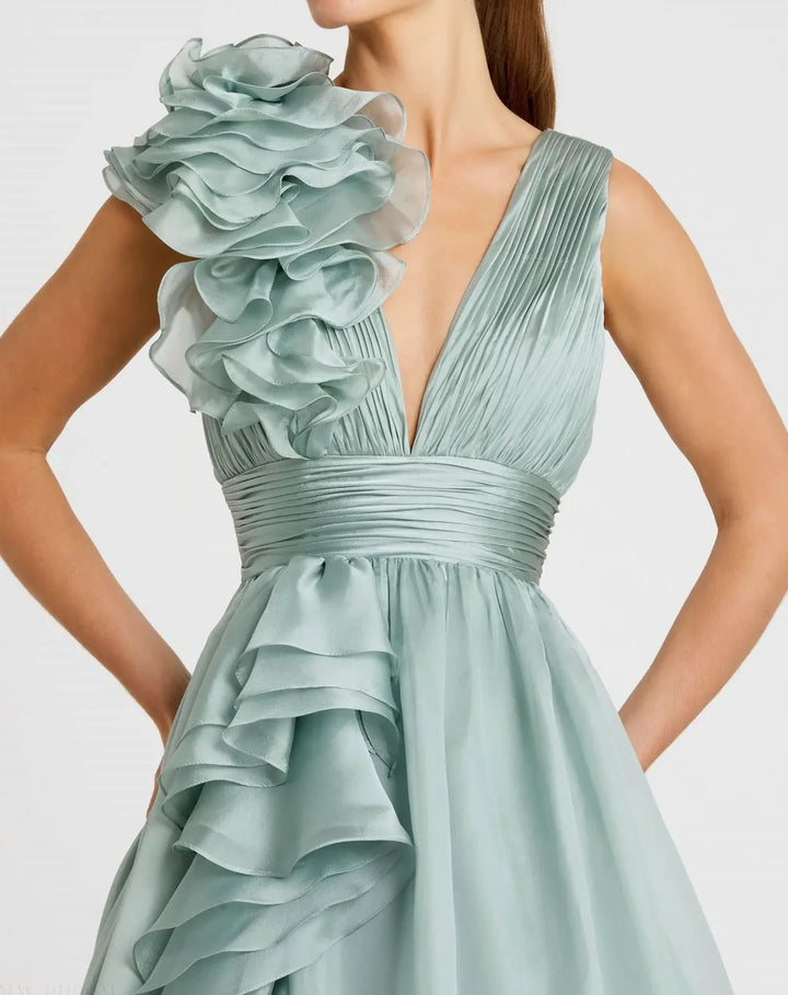 Mac Duggal 9948856P Petite Pink Ruffle Shoulder V-Neck Chiffon Gown