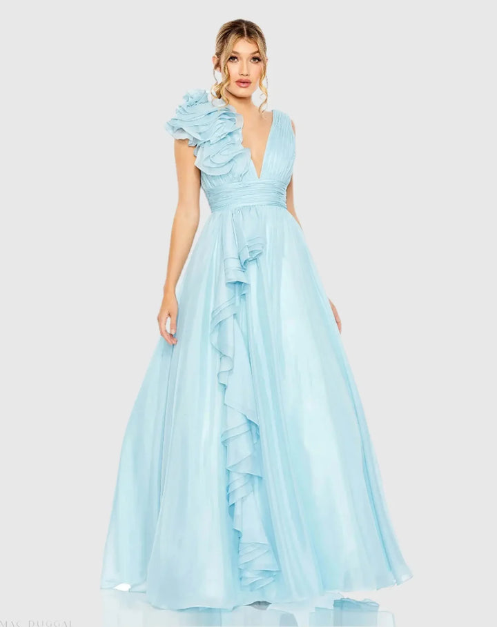 Mac Duggal 9948856P Petite Pink Ruffle Shoulder V-Neck Chiffon Gown