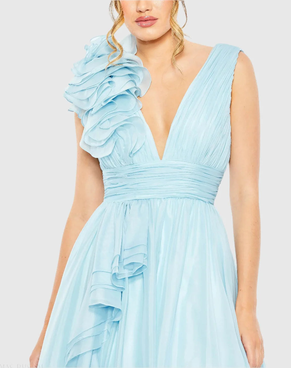 Mac Duggal 9948856P Petite Pink Ruffle Shoulder V-Neck Chiffon Gown
