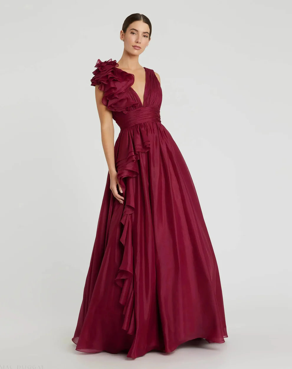 Mac Duggal 9948856P Petite Pink Ruffle Shoulder V-Neck Chiffon Gown