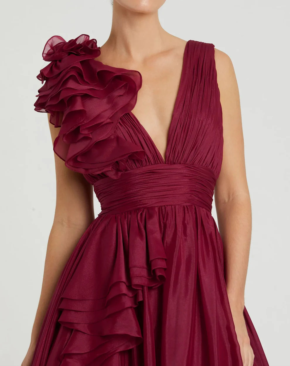 Mac Duggal 9948856P Petite Pink Ruffle Shoulder V-Neck Chiffon Gown