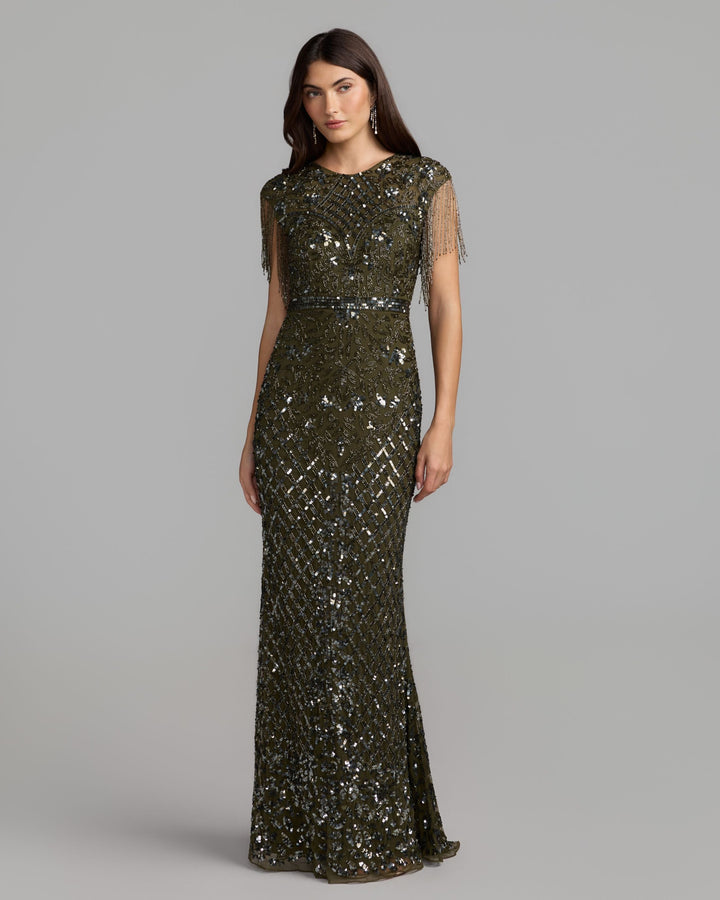 Mac Duggal 4908 High Neck Beaded Fringe Fitted Gown