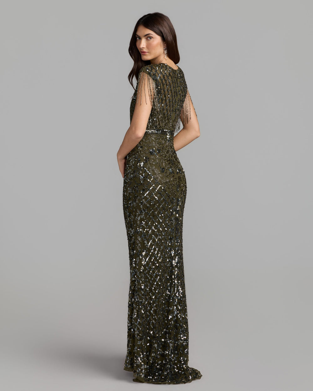 Mac Duggal 4908 High Neck Beaded Fringe Fitted Gown