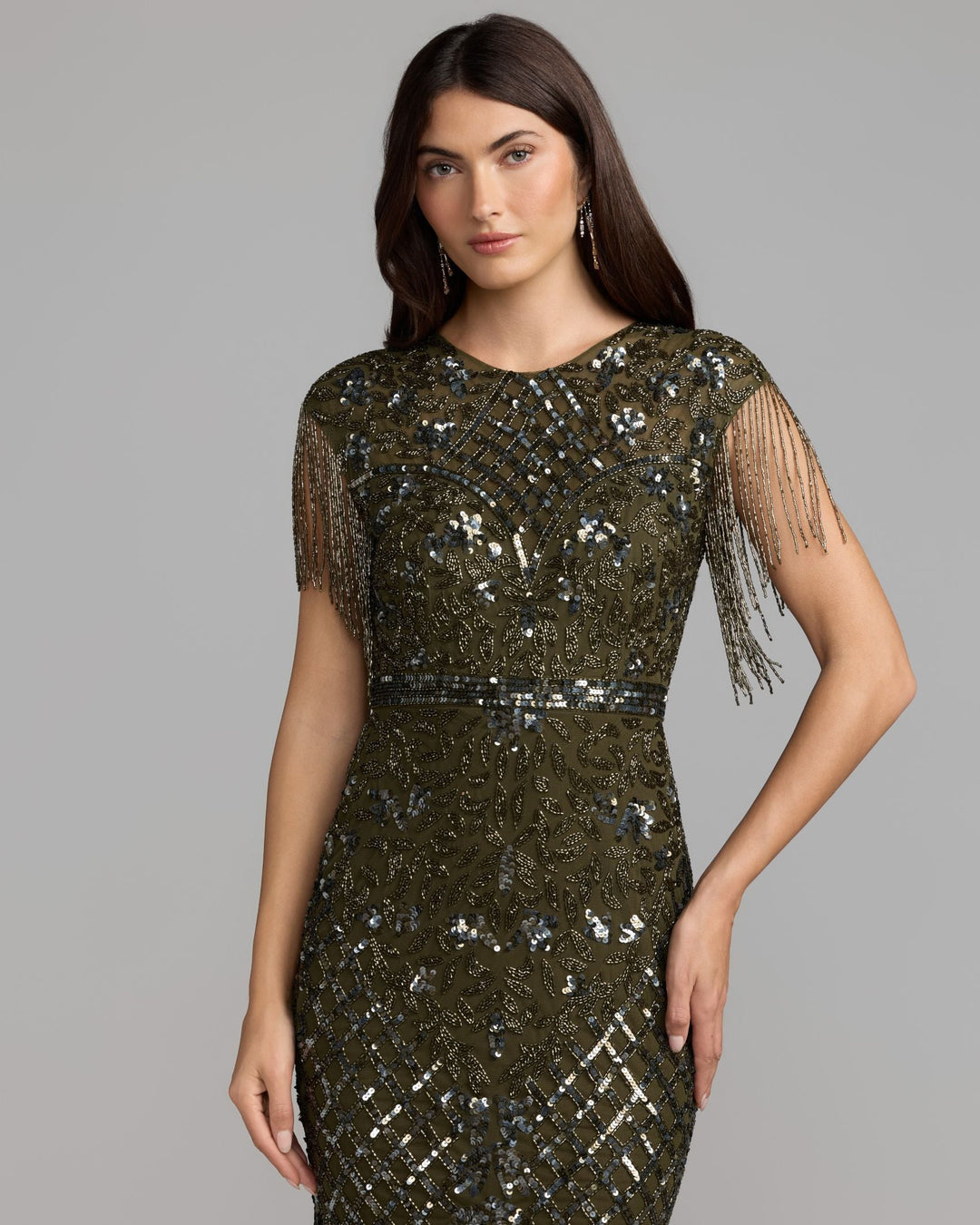 Mac Duggal 4908 High Neck Beaded Fringe Fitted Gown