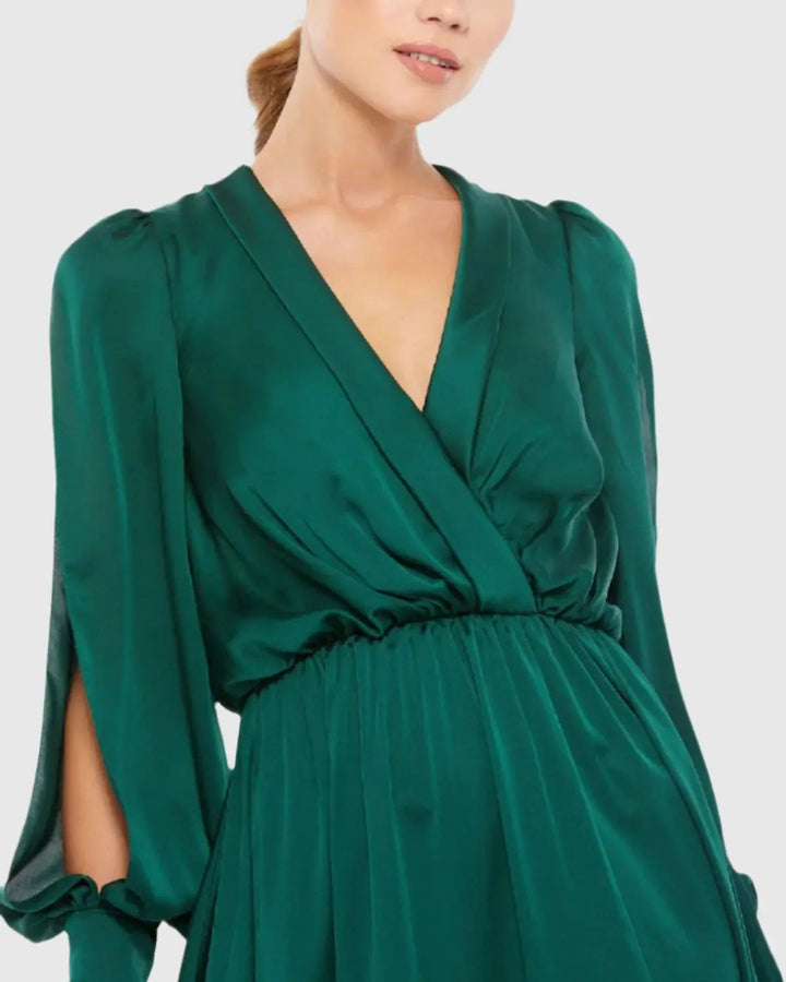 Mac Duggal 49146 Bishop Sleeve Faux Wrap Gown