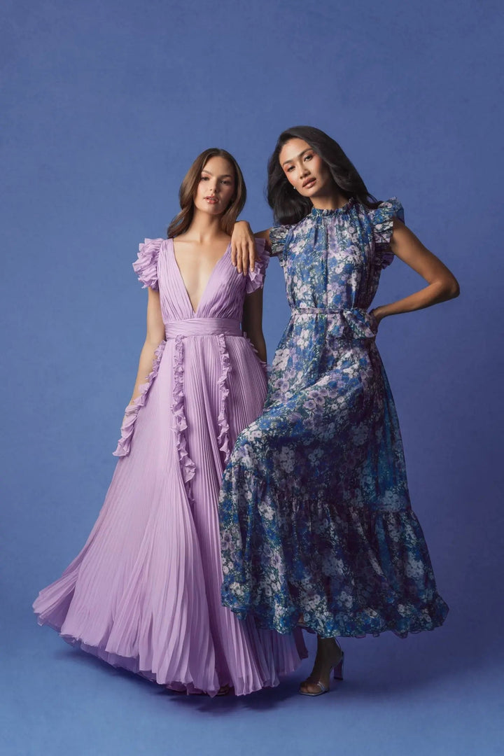 Purple Printed Chiffon Ruffle Sleeve Maxi Dress with Bow Belt - FOSTANI.com