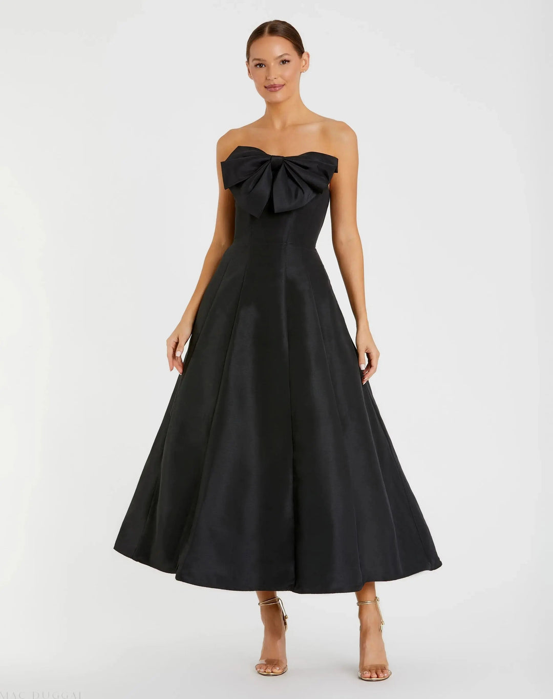 Black Strapless A-Line Tea Length Statement Bow Dress - FOSTANI.com