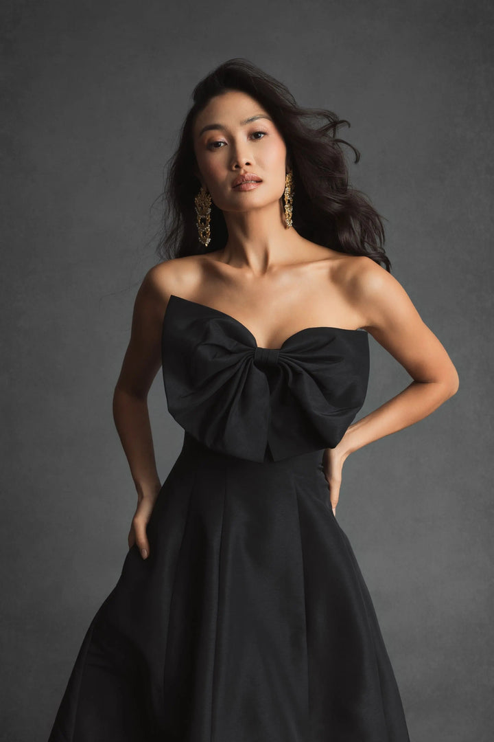 Black Strapless A-Line Tea Length Statement Bow Dress - FOSTANI.com