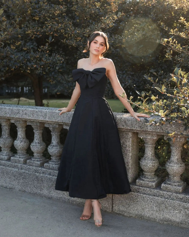 Black Strapless A-Line Tea Length Statement Bow Dress - FOSTANI.com