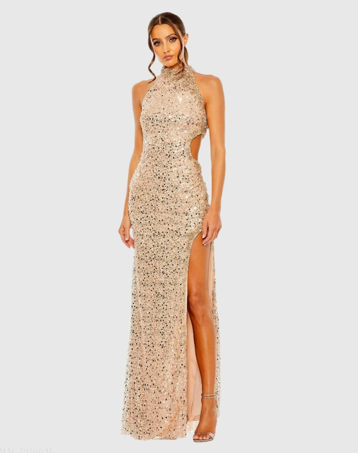 Mac Duggal 49679 Side Cut Out High Neck Sequin Gown