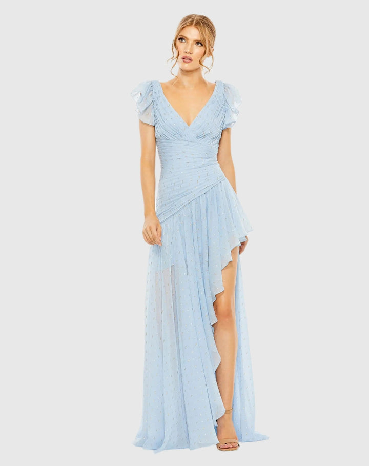 Mac Duggal 49705 Asymmetrical Ruched Gown With Flutter Sleeves