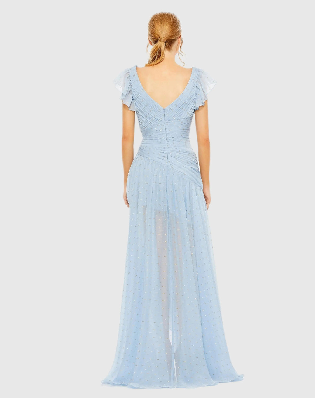 Mac Duggal 49705 Asymmetrical Ruched Gown With Flutter Sleeves