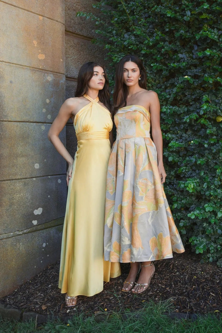 Yellow Ruched Halter Neck Tie Back Satin Gown - FOSTANI.com