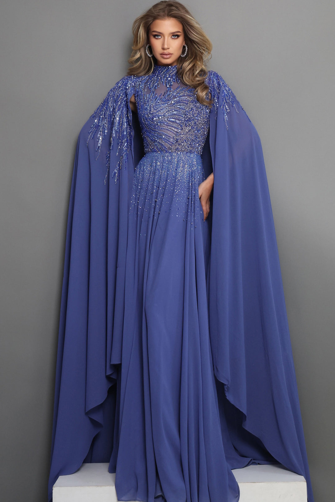 Jovani 49742 Beaded Cape Sleeves A Line Dress