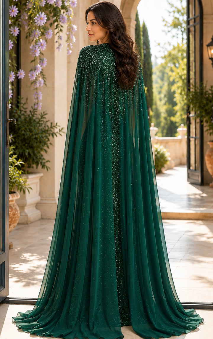 Jovani 49743 Beaded High Neck Cape A Line Chiffon Gown - FOSTANI.com
