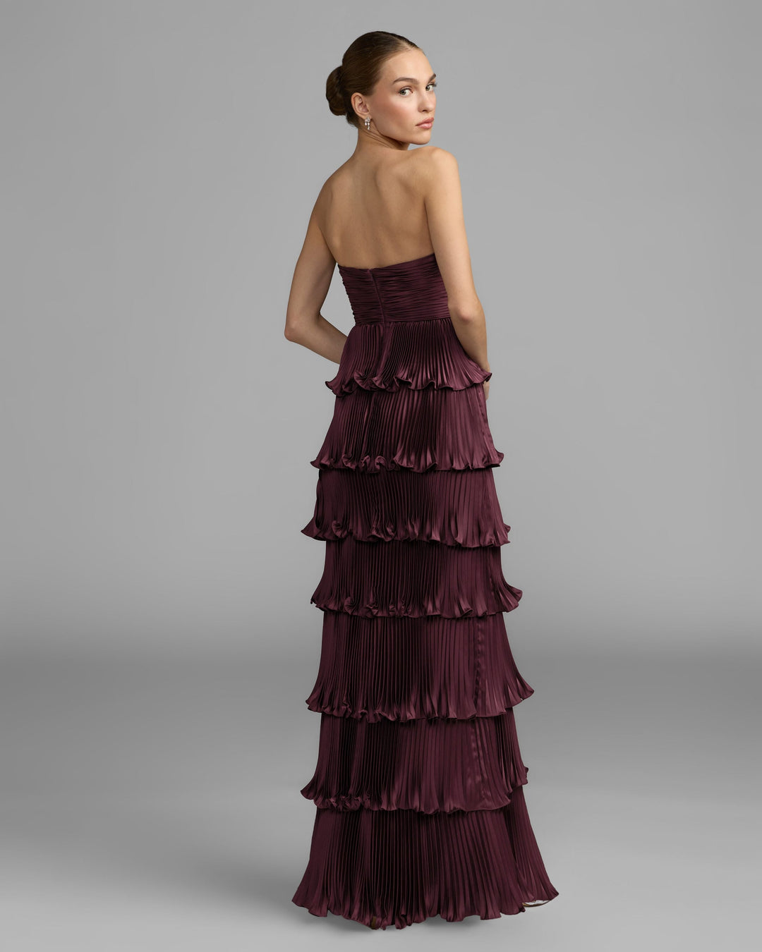 Mac Duggal 49981 Pleated Charmeuse Strapless Tiered Ruffle Gown