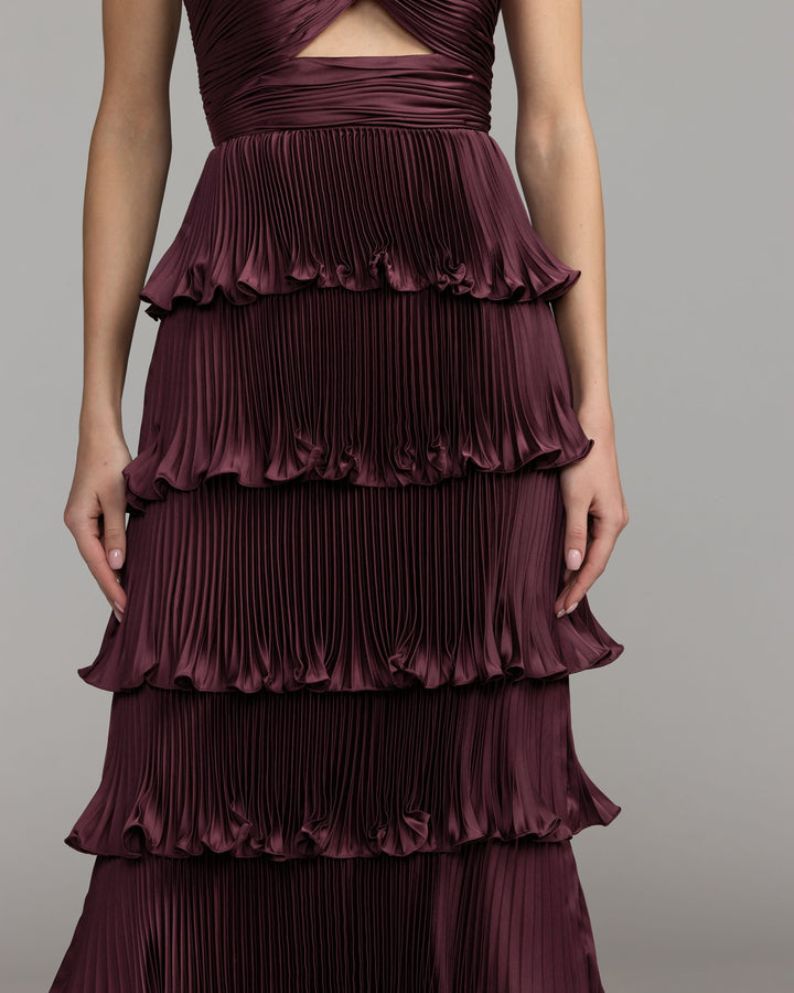 Mac Duggal 49981 Pleated Charmeuse Strapless Tiered Ruffle Gown