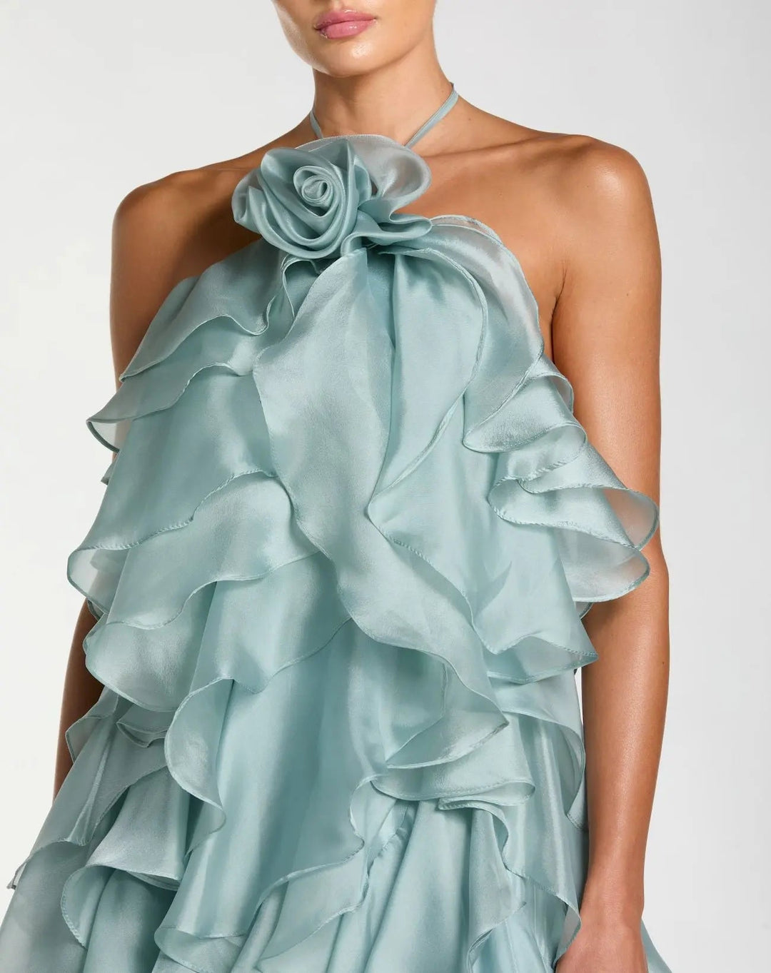 Blue Halter Neck Open Back Trapeze Ruffle Gown - FOSTANI.com
