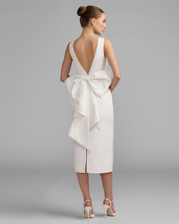 Mac Duggal 50169 Pearl Trim Bow Back Midi Dress