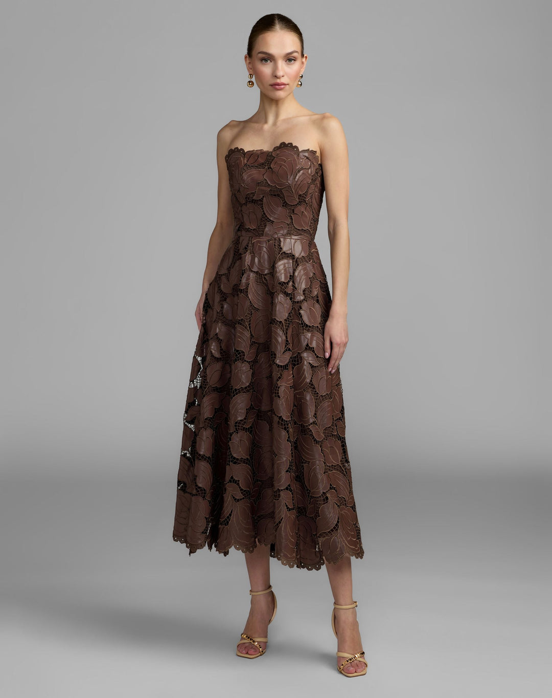 Mac Duggal 50190 Strapless Floral Leather A-Line Midi Dress