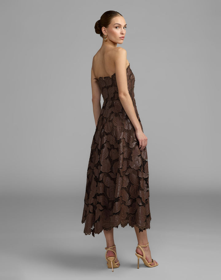Mac Duggal 50190 Strapless Floral Leather A-Line Midi Dress