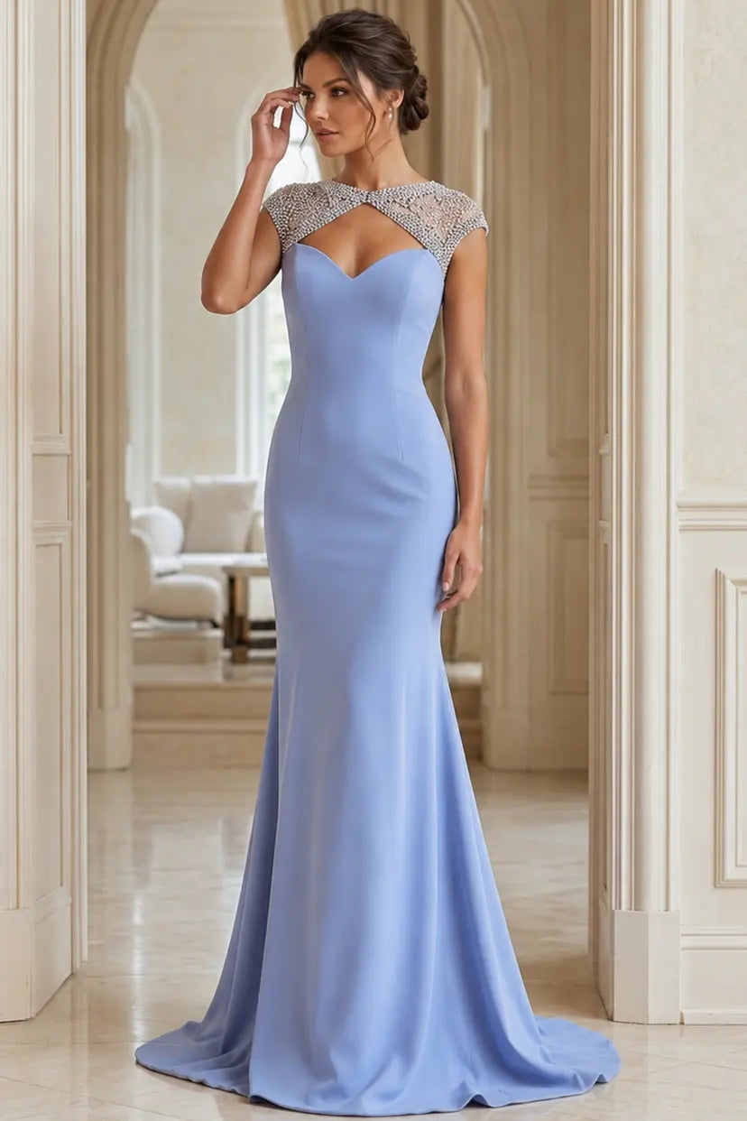 Jovani 50549 beaded illusion neckline mermaid gown with cap sleeves front view