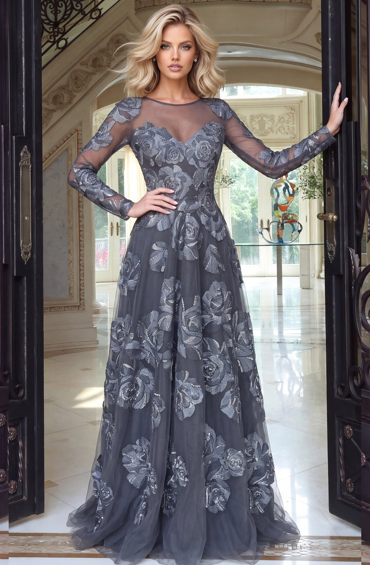 Jovani 52021 High Neck Long Sleeve Illusion A-Line Gown with Floral Appliqués, front