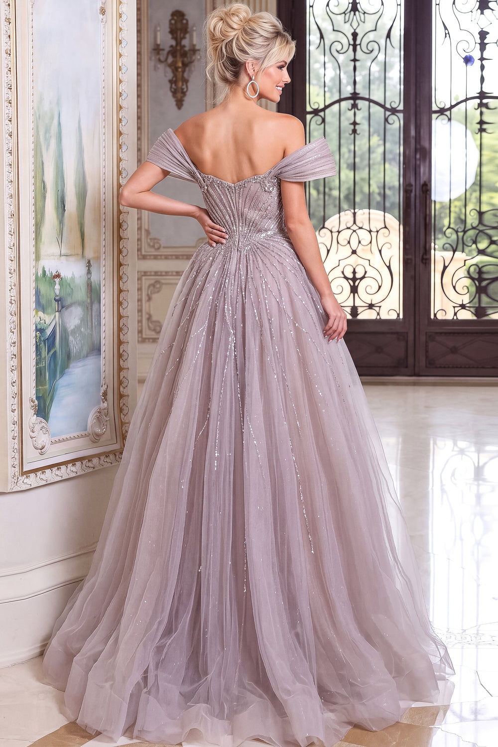 Jovani 52210 beaded mermaid gown with overskirt, back