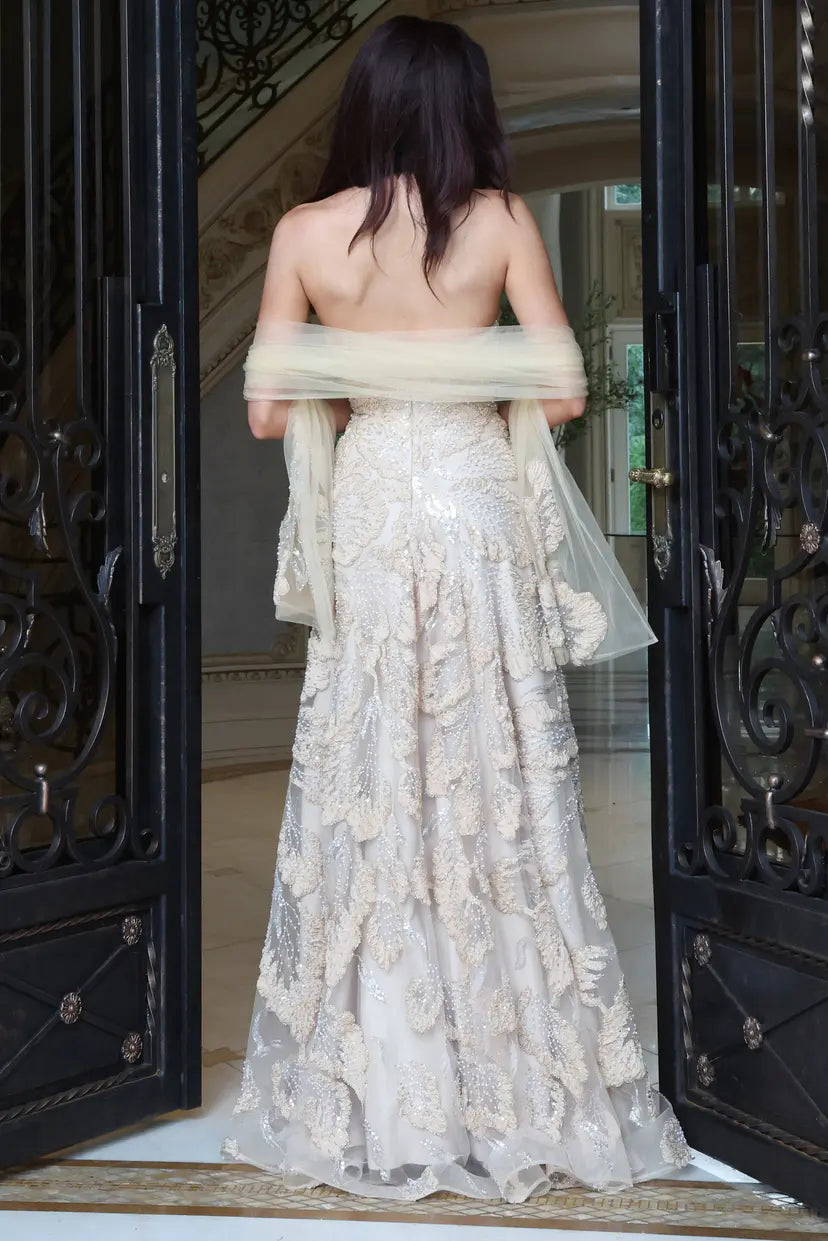 Jovani 52274 embellished strapless a-line gown with shawl back view