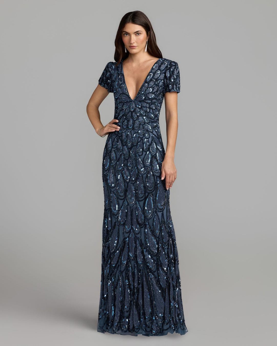 Mac Duggal 5243 Beaded Embellished V Neck Cap Sleeve Column Dress