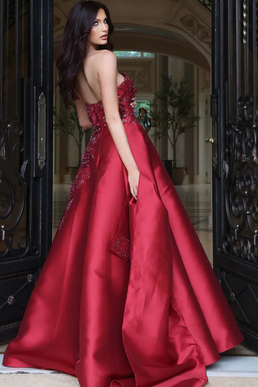 Jovani 53469 strapless floral appliqué ball gown with shawl back view