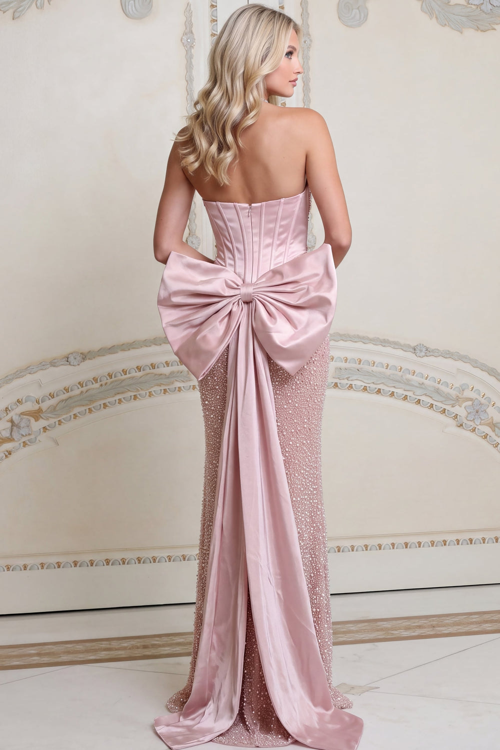 Jovani 54281 Strapless Beaded Corset Trumpet Gown with Back Bow back view