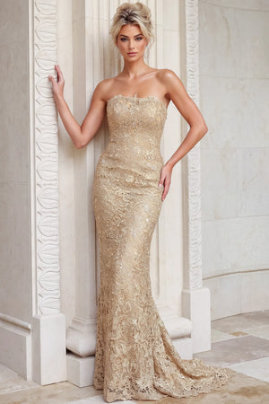 Jovani 54330 strapless lace column gown with high back slit view 1