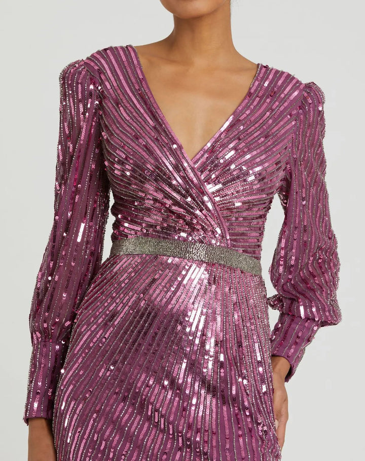 Mac Duggal 5501 Sequined Wrap Over Bishop Sleeve Gown