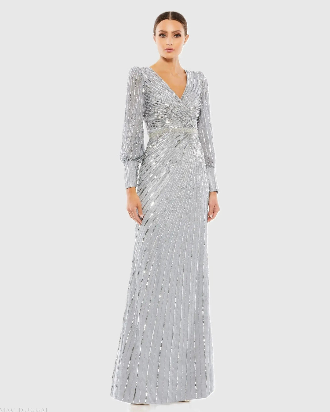 Mac Duggal 5501 Sequined Wrap Over Bishop Sleeve Gown