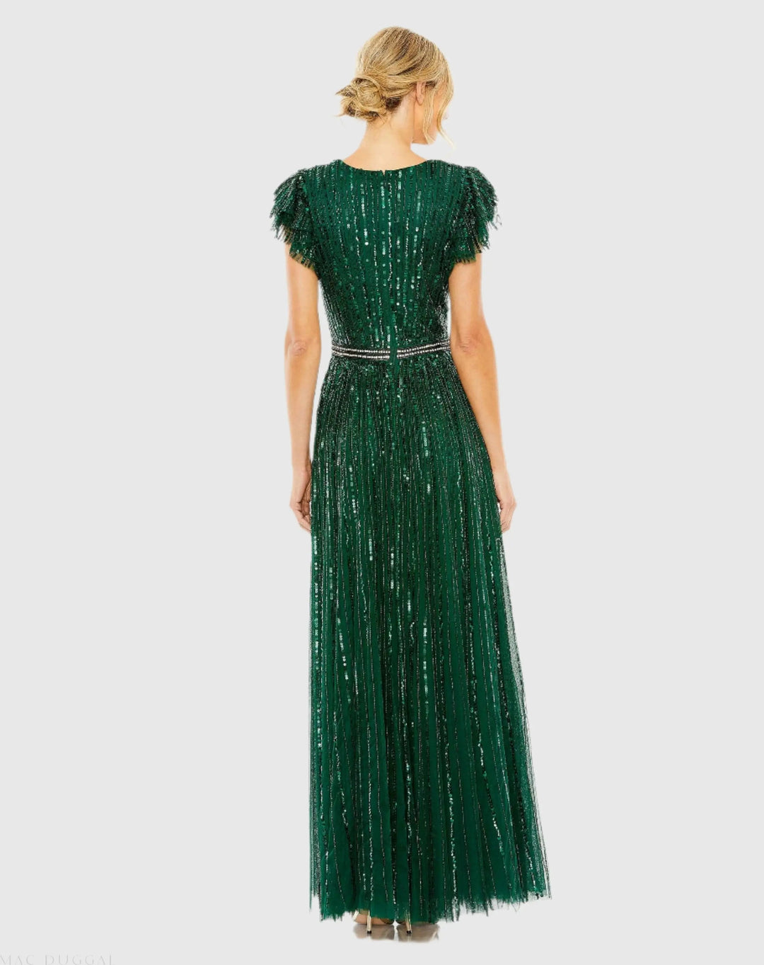 Mac Duggal 5502 Sequined Wrap Over Ruffled Cap Sleeve Gown