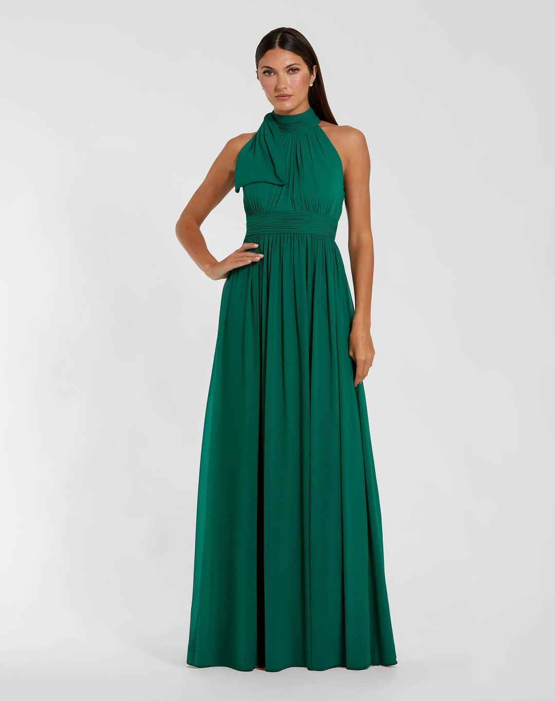 Green High Neck Chiffon Gown - FOSTANI.com