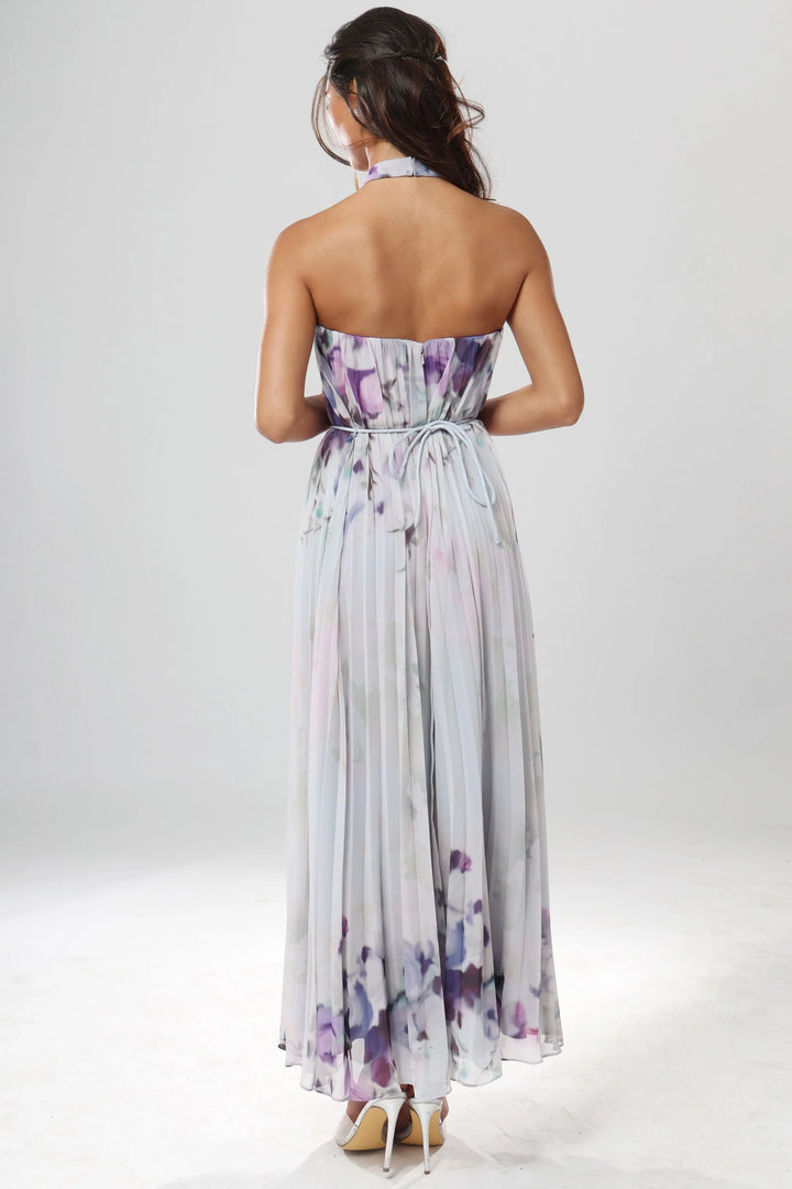 Jovani 55317 Halter Neckline Sleeveless Pleated Floral Wedding Guest Dress