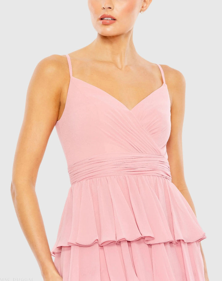 Pink V-Neck Sleeveless Gown with Ruffled Skirt - FOSTANI.com