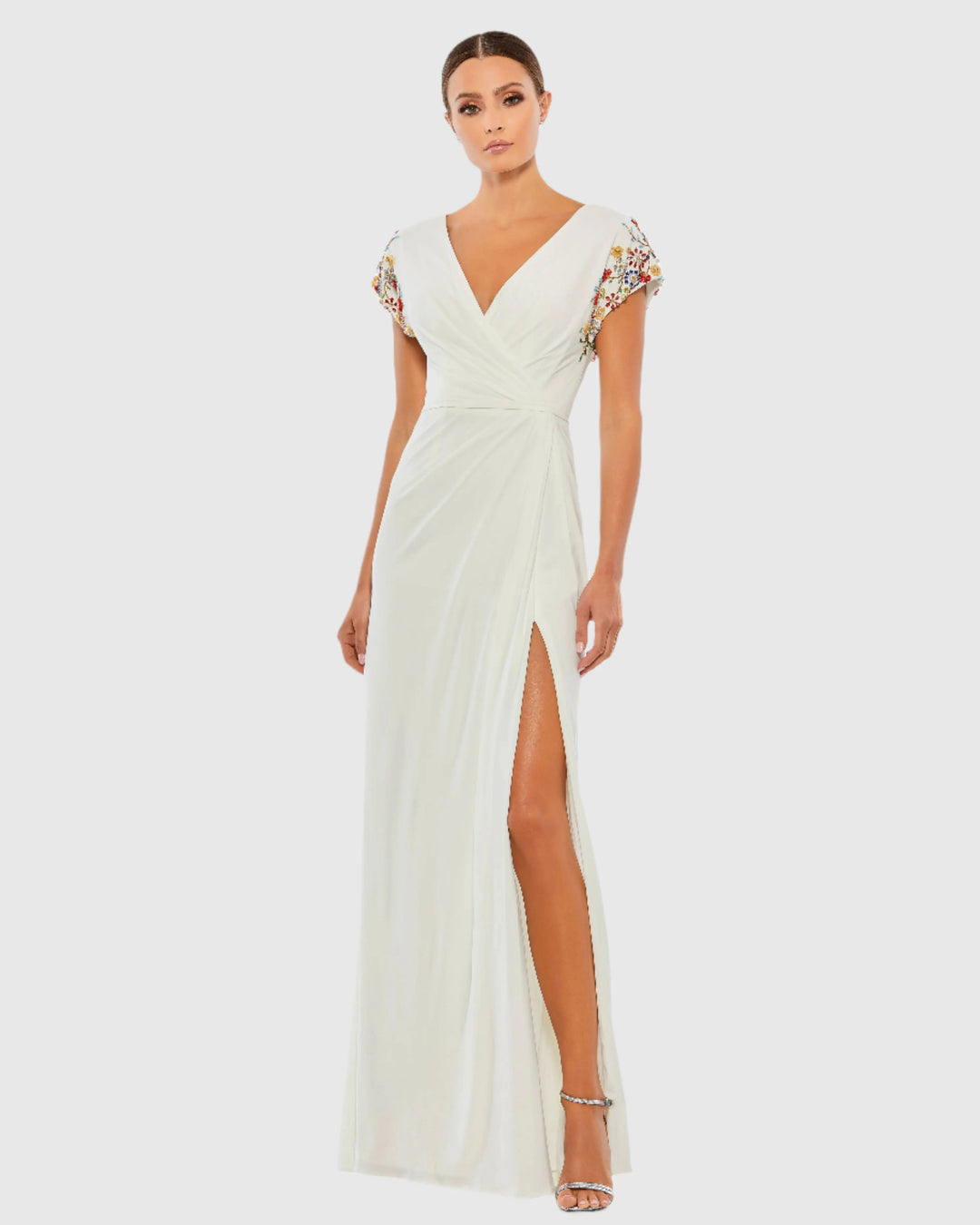 Mac Duggal 55709 Black Embellished Sleeve Jersey Wrap Gown
