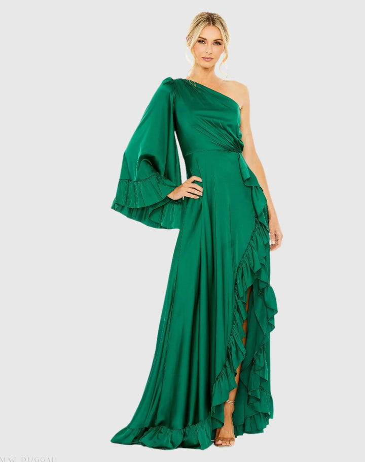 Mac Duggal 55950 Long One Sleeve Asymmetrical Ruffle Hem Gown
