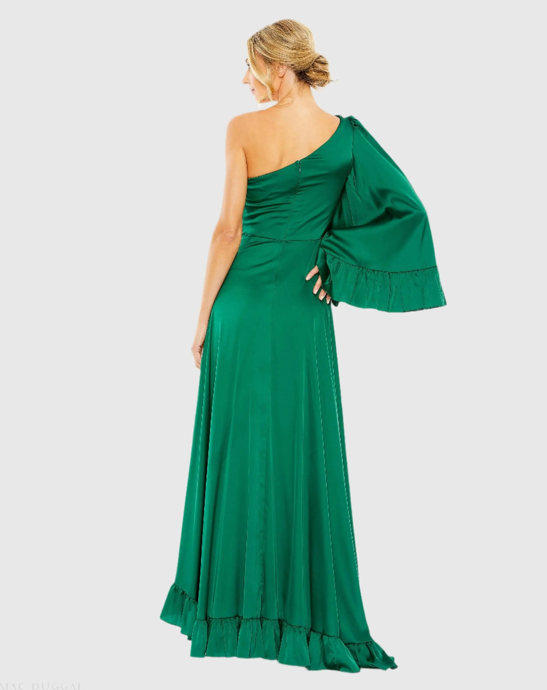 Mac Duggal 55950 Long One Sleeve Asymmetrical Ruffle Hem Gown
