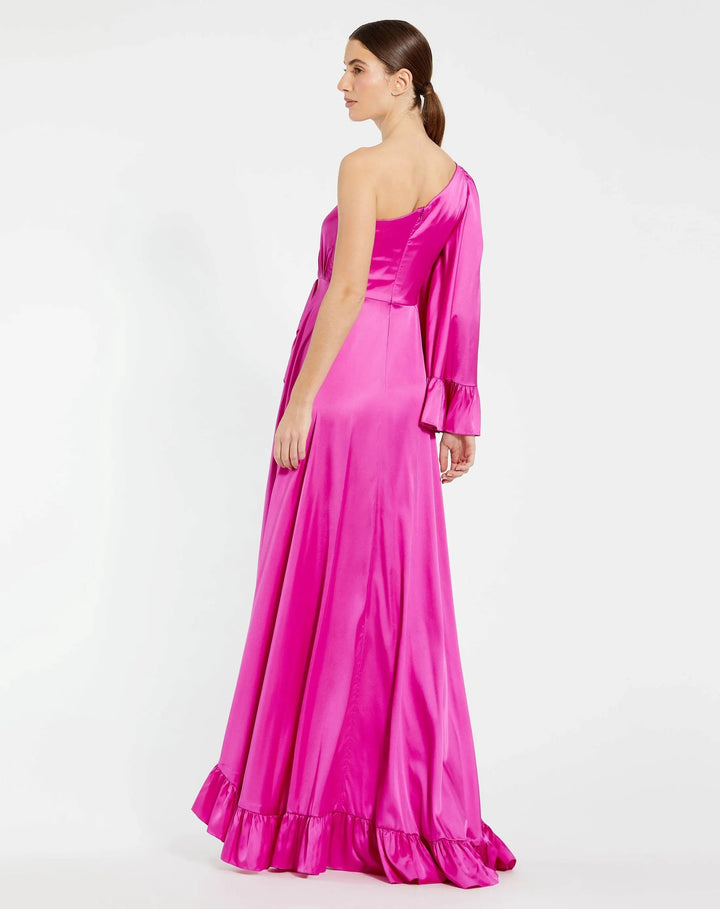 Mac Duggal 55950 Long One Sleeve Asymmetrical Ruffle Hem Gown
