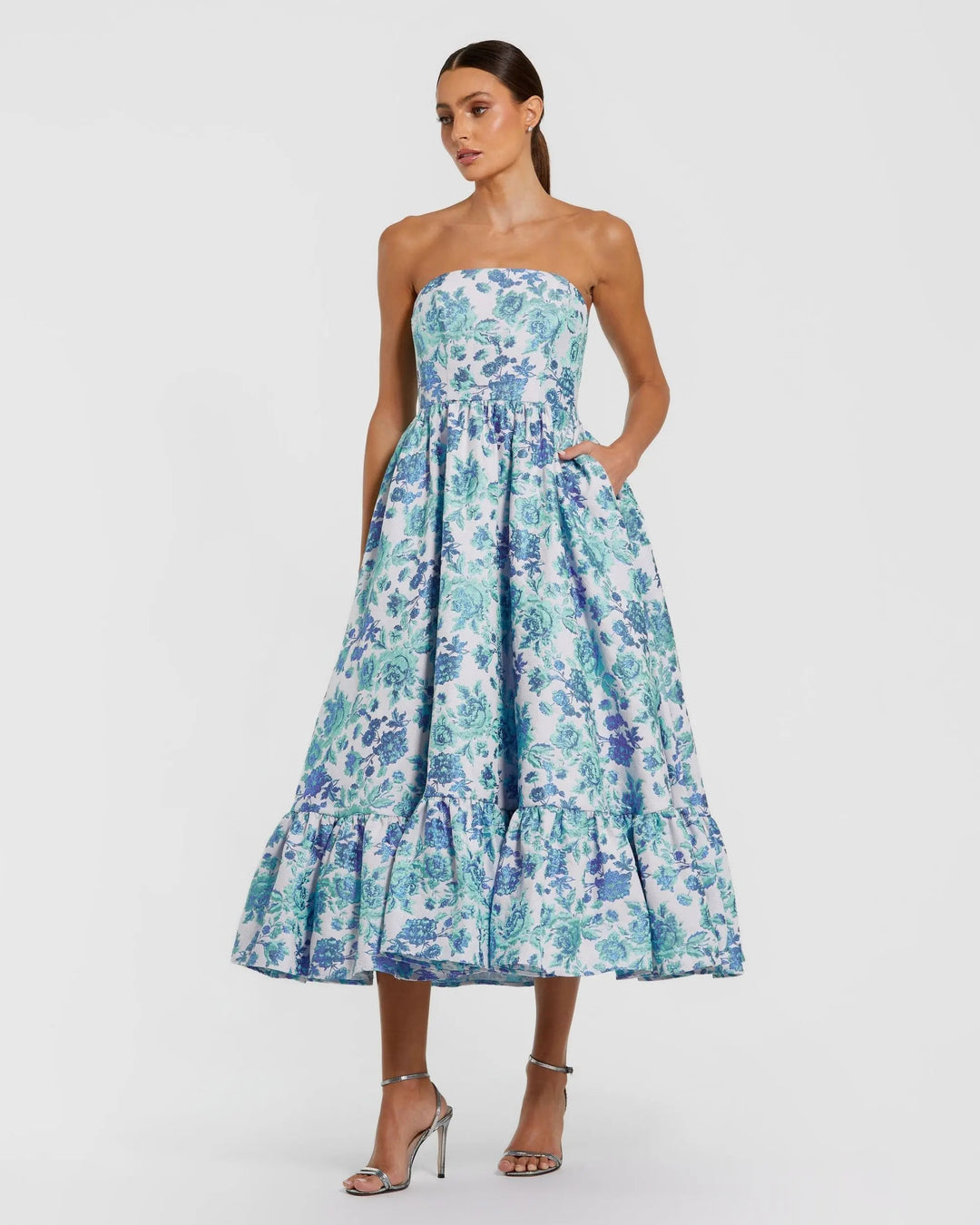 Blue Floral Brocade Strapless A Line Midi Dress - FOSTANI.com