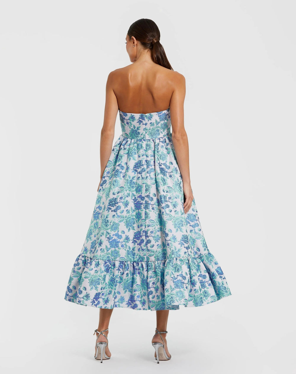 Blue Floral Brocade Strapless A Line Midi Dress - FOSTANI.com