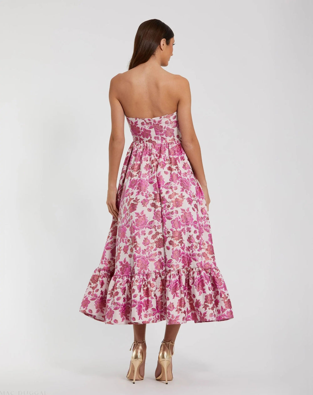 Pink Floral Brocade Strapless A Line Midi Dress - FOSTANI.com