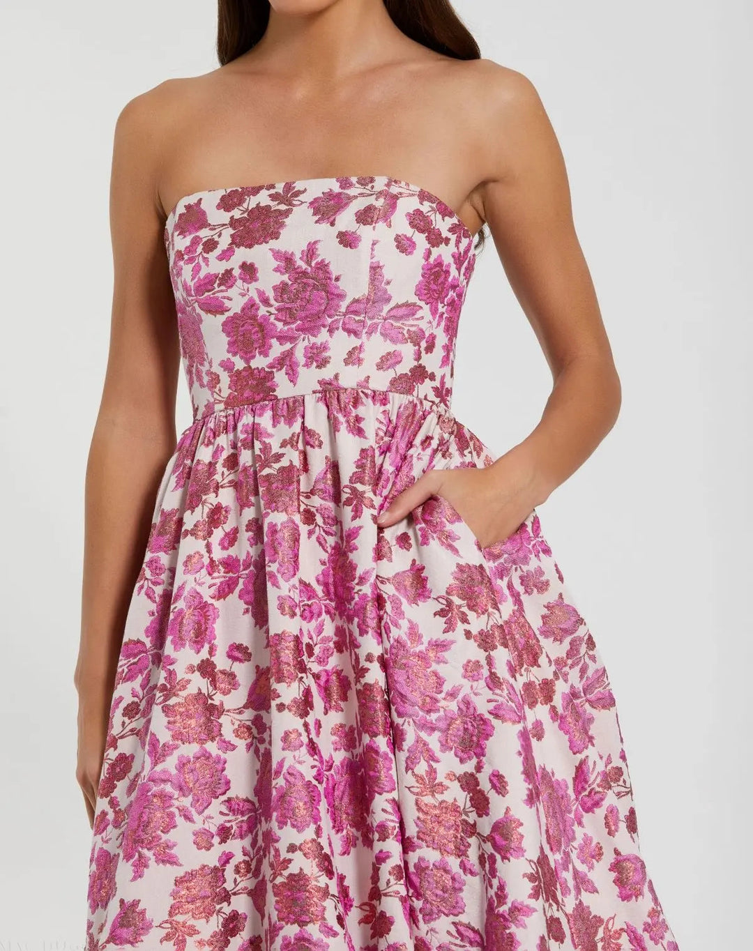 Pink Floral Brocade Strapless A Line Midi Dress - FOSTANI.com