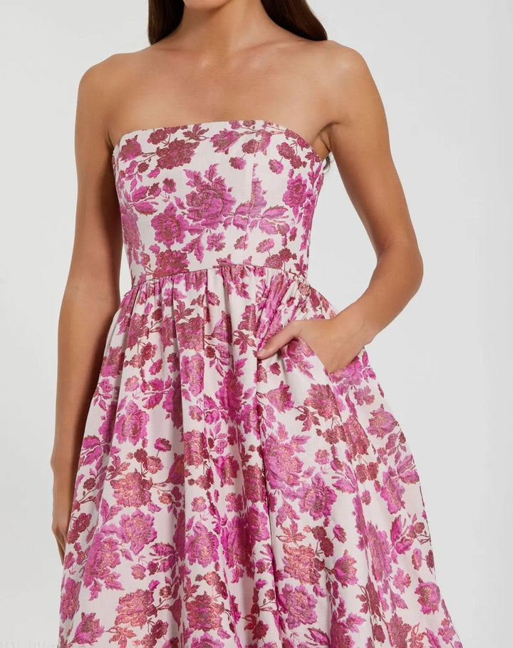 Pink Floral Brocade Strapless A Line Midi Dress - FOSTANI.com