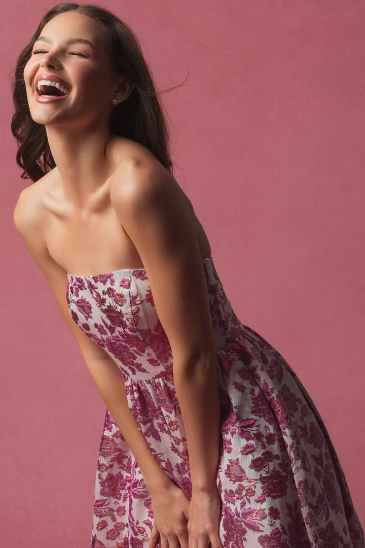 Pink Floral Brocade Strapless A Line Midi Dress - FOSTANI.com